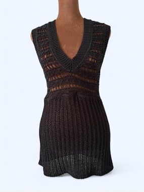 Vintage Y2K Marc Aurel Black Open Knit Crochet Tunic Mini XS /S Boho Whimsigoth